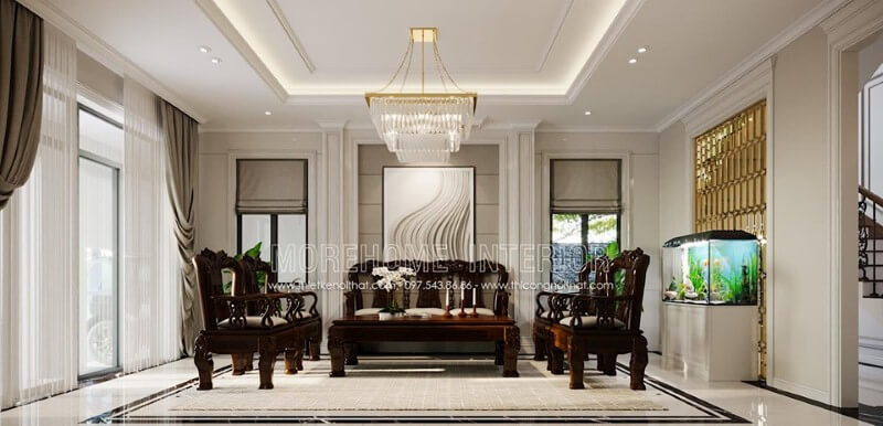 Phòng khách với thiết kế nhiều cửa giúp không gian luôn được thông thoáng. Thiết kế nội thất biệt thự