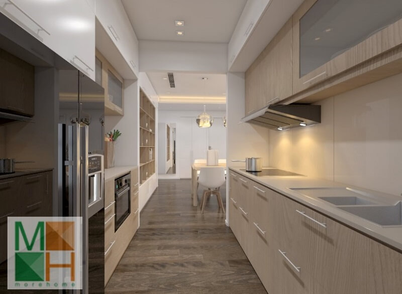 Mẫu thiết kế hệ tủ bếp gỗ hiện đại sử dụng gỗ công nghiệp An Cường cao cấp màu sáng mang đến vẻ đẹp cho phòng bếp Thiết kế tủ bếp đẹp