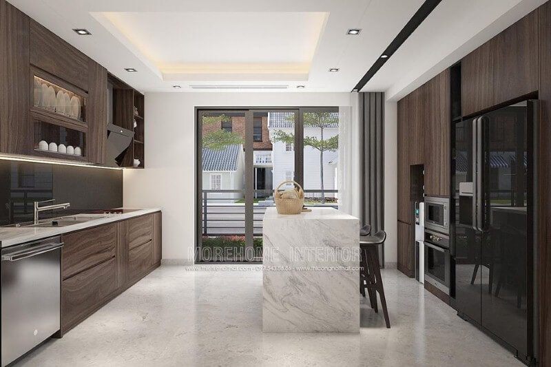 Sắp xếp phòng bếp đảo đẹp từ đồ gỗ An Cường cao cấp.