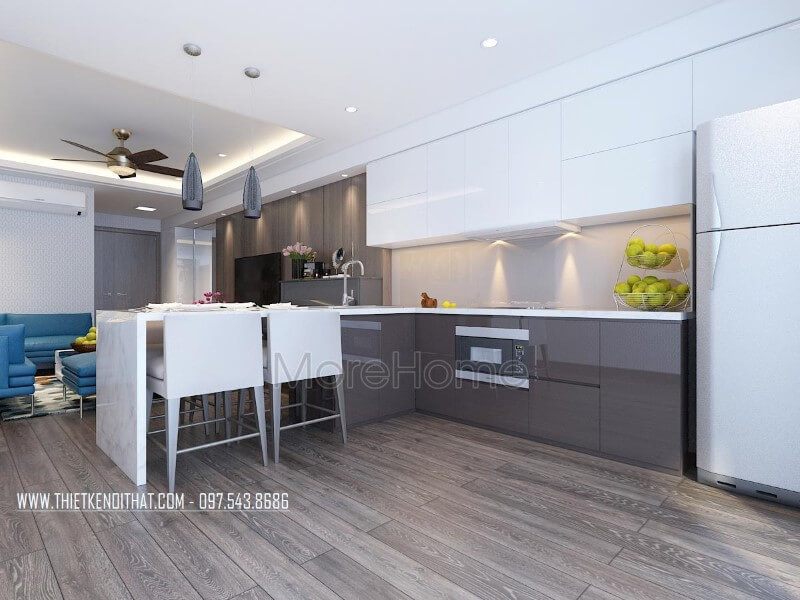 Nội thất phòng bếp hiện đại được thiết kế liền kề với không gian phòng khách giúp cho gia chủ có một không gian dùng bữa thuận tiện và ấm cúng hơn
