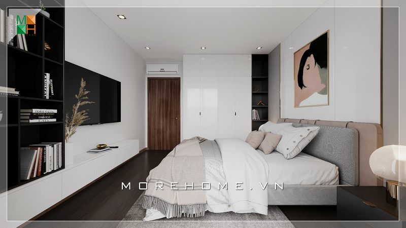Một chiếc giường ngủ bọc nệm đầu giường hiện đại được đặt ngay giữa không gian phòng ngủ tạo điểm nhấn ấn tượng mạnh.