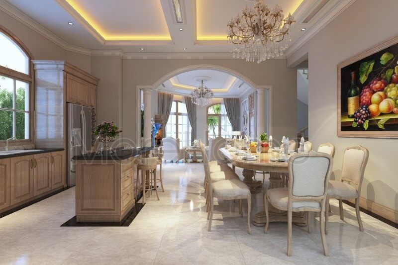 Thiết kế nội thất phòng ăn gỗ sồi cho biệt thự cao cấp tân cổ điển ấn tượng với nét tinh tế, mềm mại mang lại không gian dùng bữa sang trọng phù hợp với phong cách riêng của gia chủ