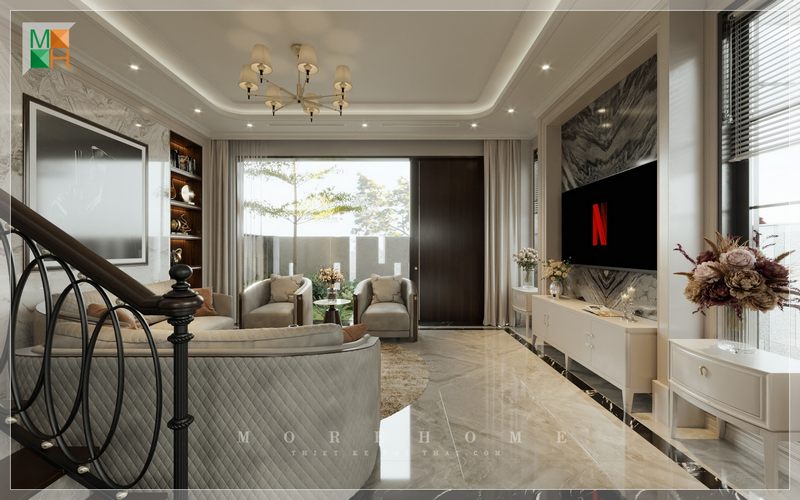 Kệ tủ tivi gỗ tự nhiên màu trắng hiện đại trang hòa cho không gian đẹp, sang trọng.