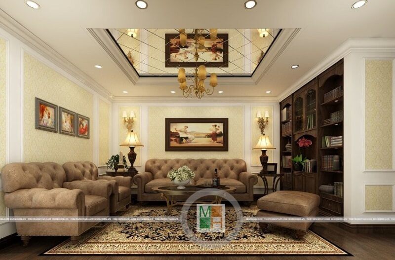 Bộ sofa bọc nỉ đẹp màu nâu tây tạo điểm nhấn nổi bật cho không gian phòng khách.