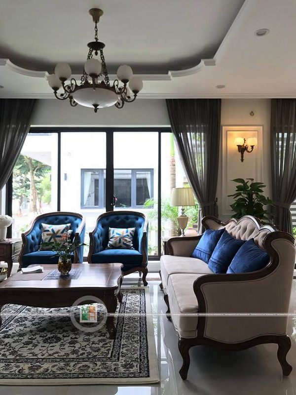 Mẫu sofa phòng khách gỗ óc chó tân cổ điển đẹp cao cấp