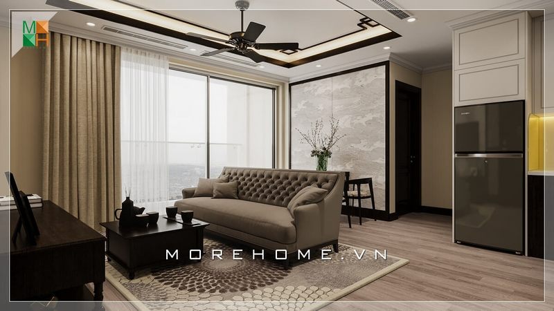 Không gian phòng khách chung cư sang trọng với thiết kế tân cổ điển tạo nên vẻ đẹp lịch lãm cho ngôi nhà