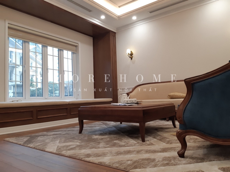 Thi công bàn trà gỗ óc chó tân cổ điển nội thất đem lại sử dụng tiện nghi thẩm mỹ cao