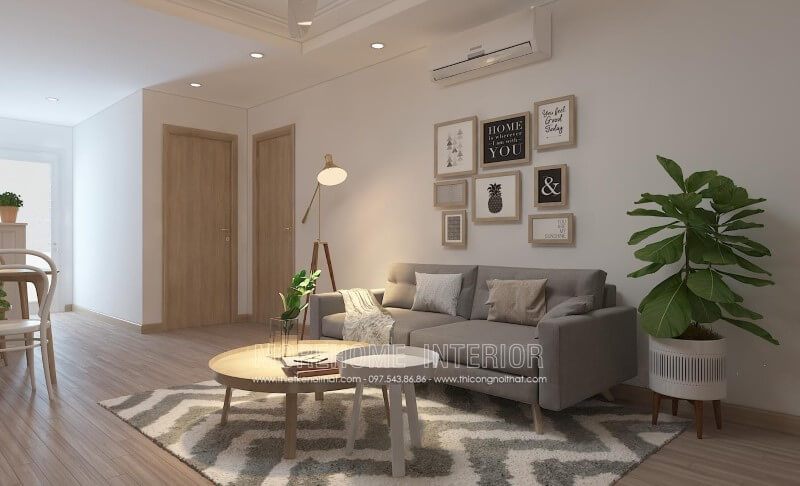 Thiết kế mẫu sofa văng bọc nỉ màu ghi đơn giản, nhỏ xinh cho phòng khách chung cư.