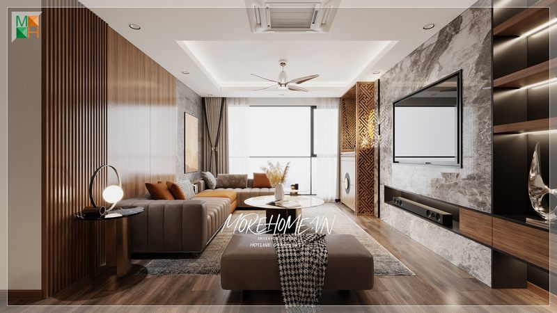 Đá ốp vách tivi vân mây màu xám tô điểm ấn tượng cho không gian, sang trọng cao cấp