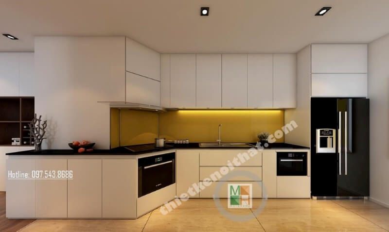 Mẫu tủ bếp hiện đại được thiết kế một cách có kỹ thuật, khu vực sơ chế và khu vực nấu ăn được bố trí hợp lý, giúp cho người nội trợ dễ dàng hơn trong việc nấu nướng.