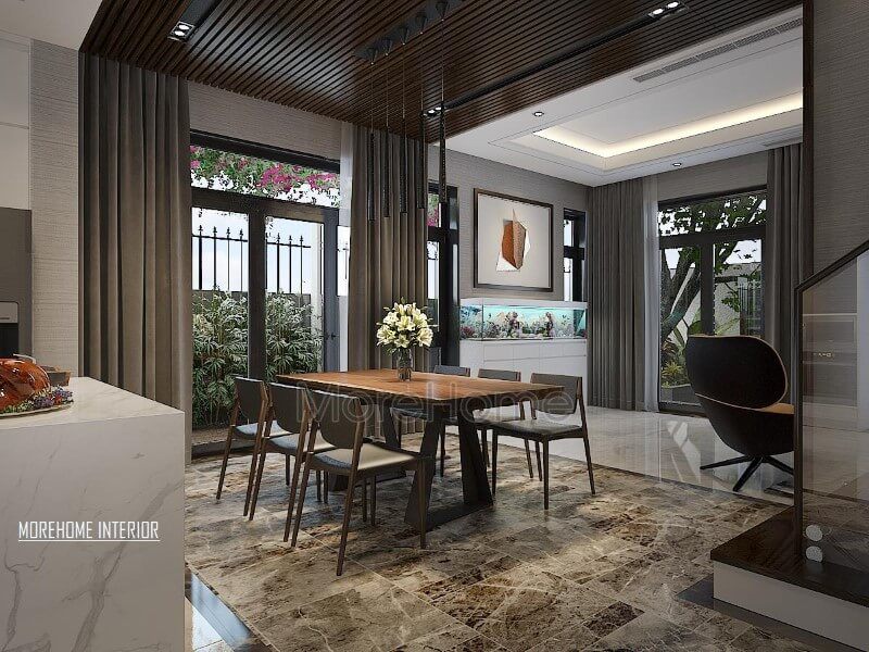 Phòng ăn hiện đại và sang trọng được bố trí với sự phá cách trong vật liệu trang trí như đá lát sàn, gỗ ốp tường, và bàn gỗ óc chó nguyên tấm.